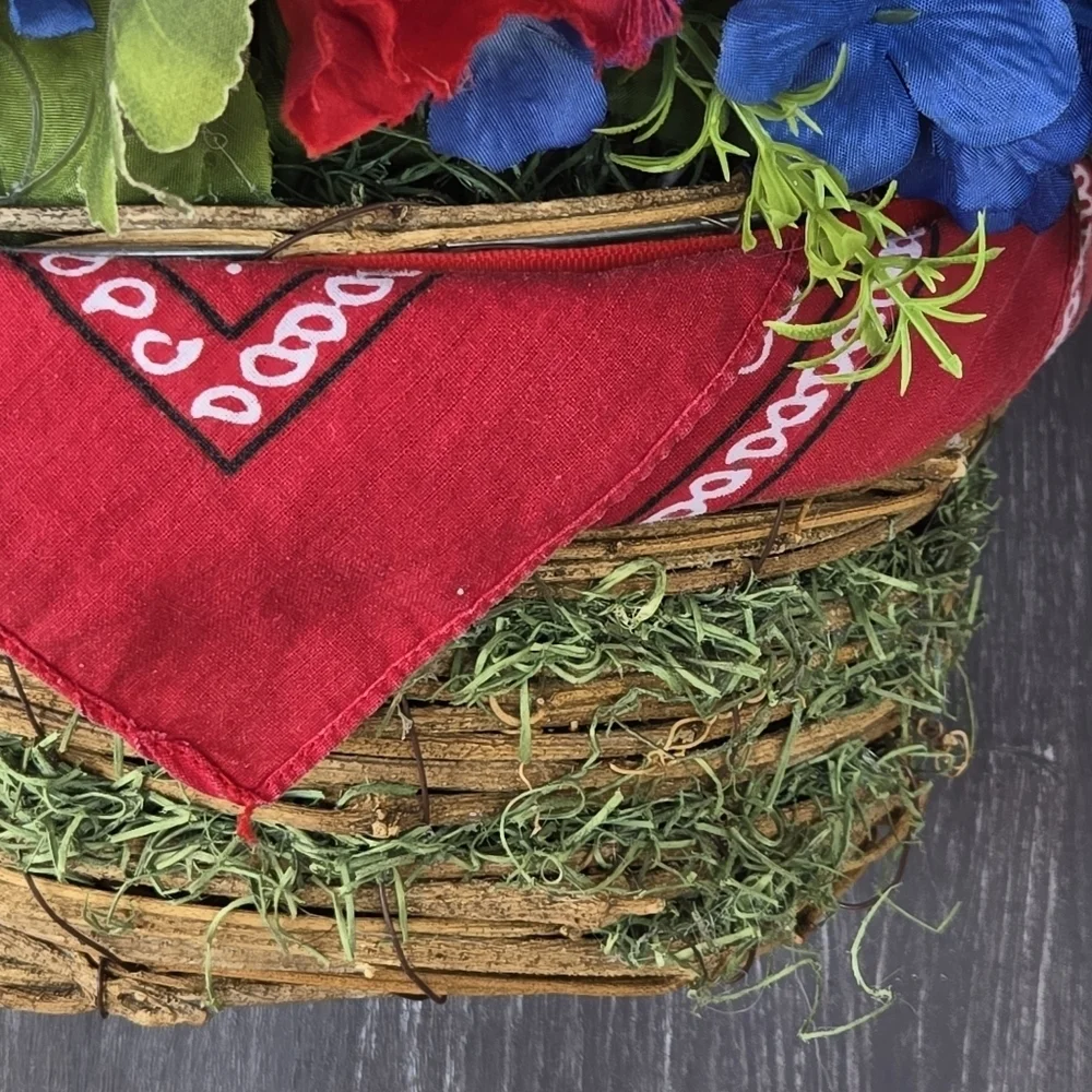 Handmade Patriotic Floral Basket Door Hanger Wreath 4th Of July Summer Wreath